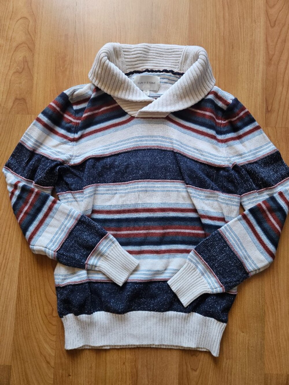 Men's Shawl Collar pullover sweater - Navy, Cream, and Burgundy stripes - Medium
